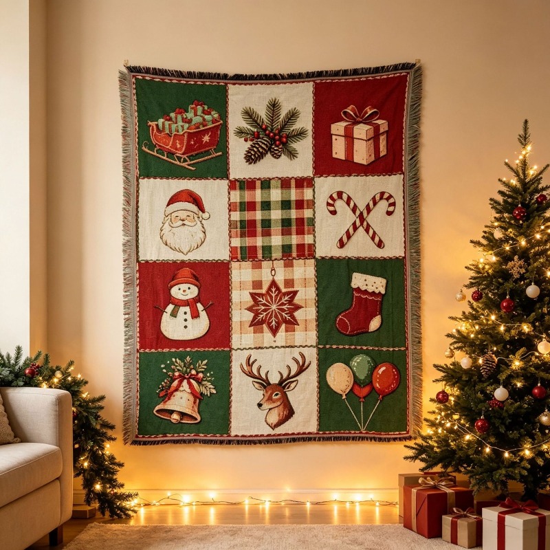 Christmas Throw Blanket - Tappeto natalizio in jacquard con nappe,